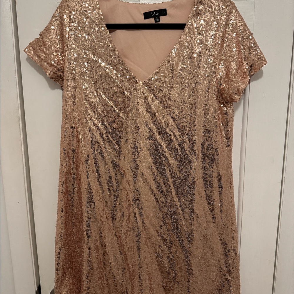 Lulu's Rose Gold Sequin V-Neck Mini Dress
